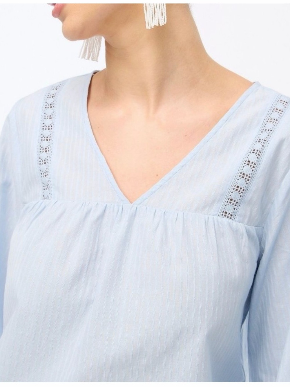 J. Crew Coastal Grandma Light Blue Cotton Lace Inset Peasant Long Sleeve Blouse - Picture 3 of 13